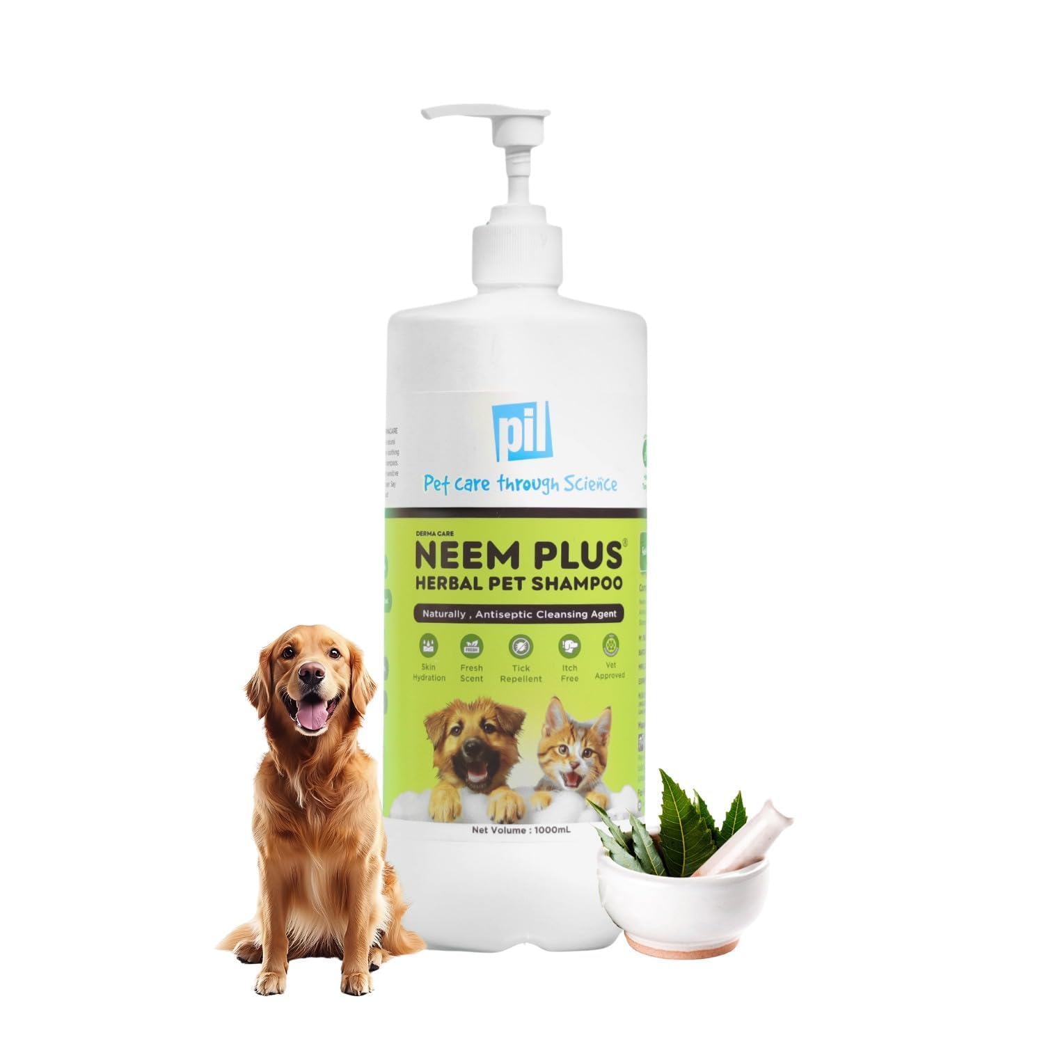 Pil Neem Plus Herbal Pet Shampoo 1000ml | Puppy Safe | Anti-Fungal, Anti-Ticks and Fleas, Antibacterial, Antiseptic & pH Balanced Dog Shampoo | Regular use Coat Cleansing Shampoo for Pets