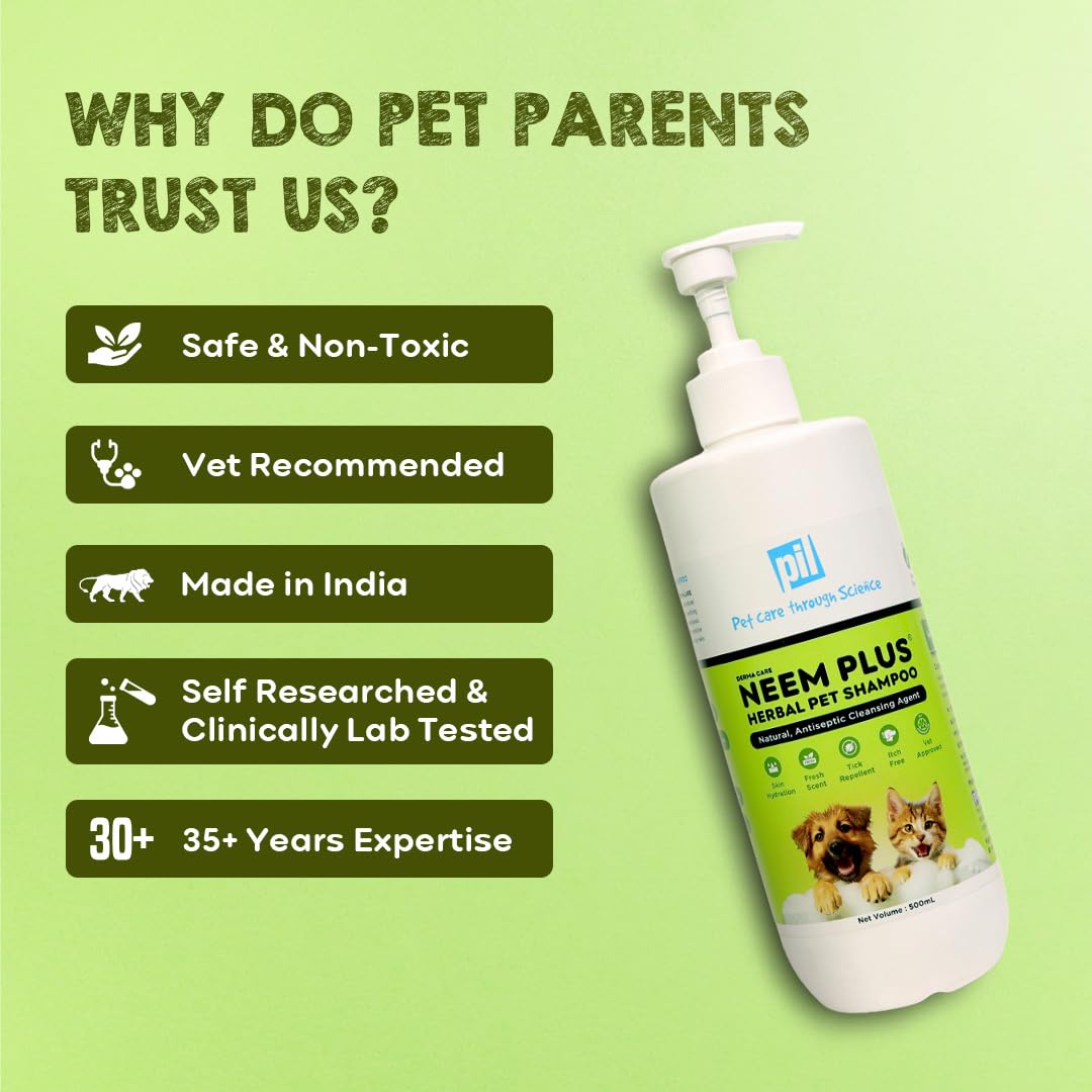Pil Neem Plus Herbal Pet Shampoo 1000ml | Puppy Safe | Anti-Fungal, Anti-Ticks and Fleas, Antibacterial, Antiseptic & pH Balanced Dog Shampoo | Regular use Coat Cleansing Shampoo for Pets