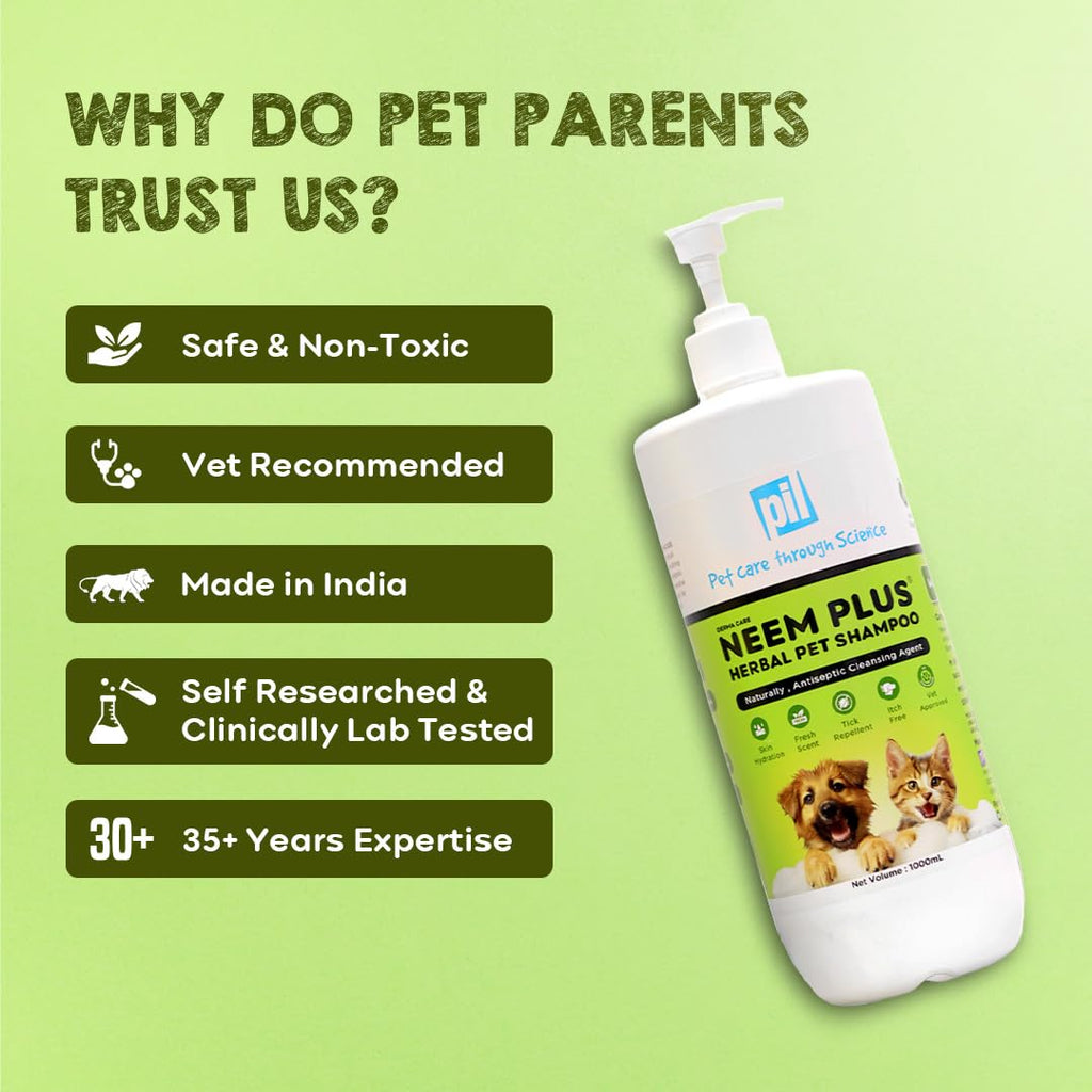 Pil Neem Plus Herbal Pet Shampoo 1000ml | Puppy Safe | Anti-Fungal, Anti-Ticks and Fleas, Antibacterial, Antiseptic & pH Balanced Dog Shampoo | Regular use Coat Cleansing Shampoo for Pets