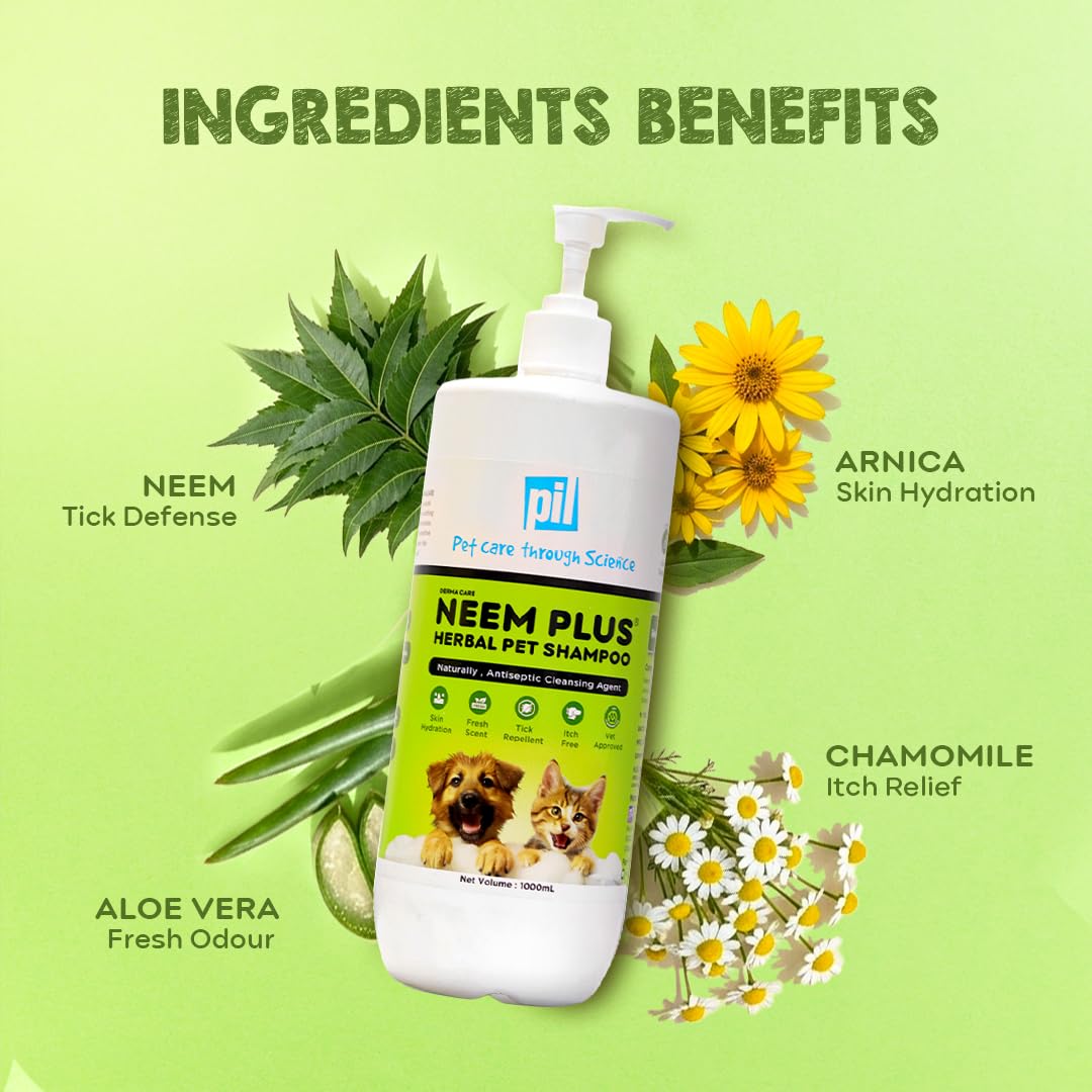 Pil Neem Plus Herbal Pet Shampoo 1000ml | Puppy Safe | Anti-Fungal, Anti-Ticks and Fleas, Antibacterial, Antiseptic & pH Balanced Dog Shampoo | Regular use Coat Cleansing Shampoo for Pets