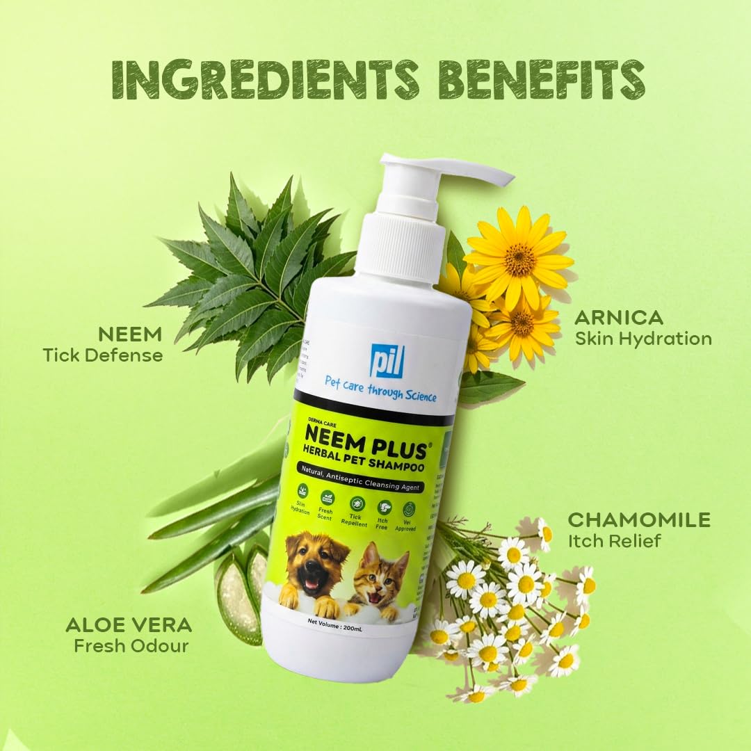 Pil Neem Plus Herbal Pet Shampoo 1000ml | Puppy Safe | Anti-Fungal, Anti-Ticks and Fleas, Antibacterial, Antiseptic & pH Balanced Dog Shampoo | Regular use Coat Cleansing Shampoo for Pets