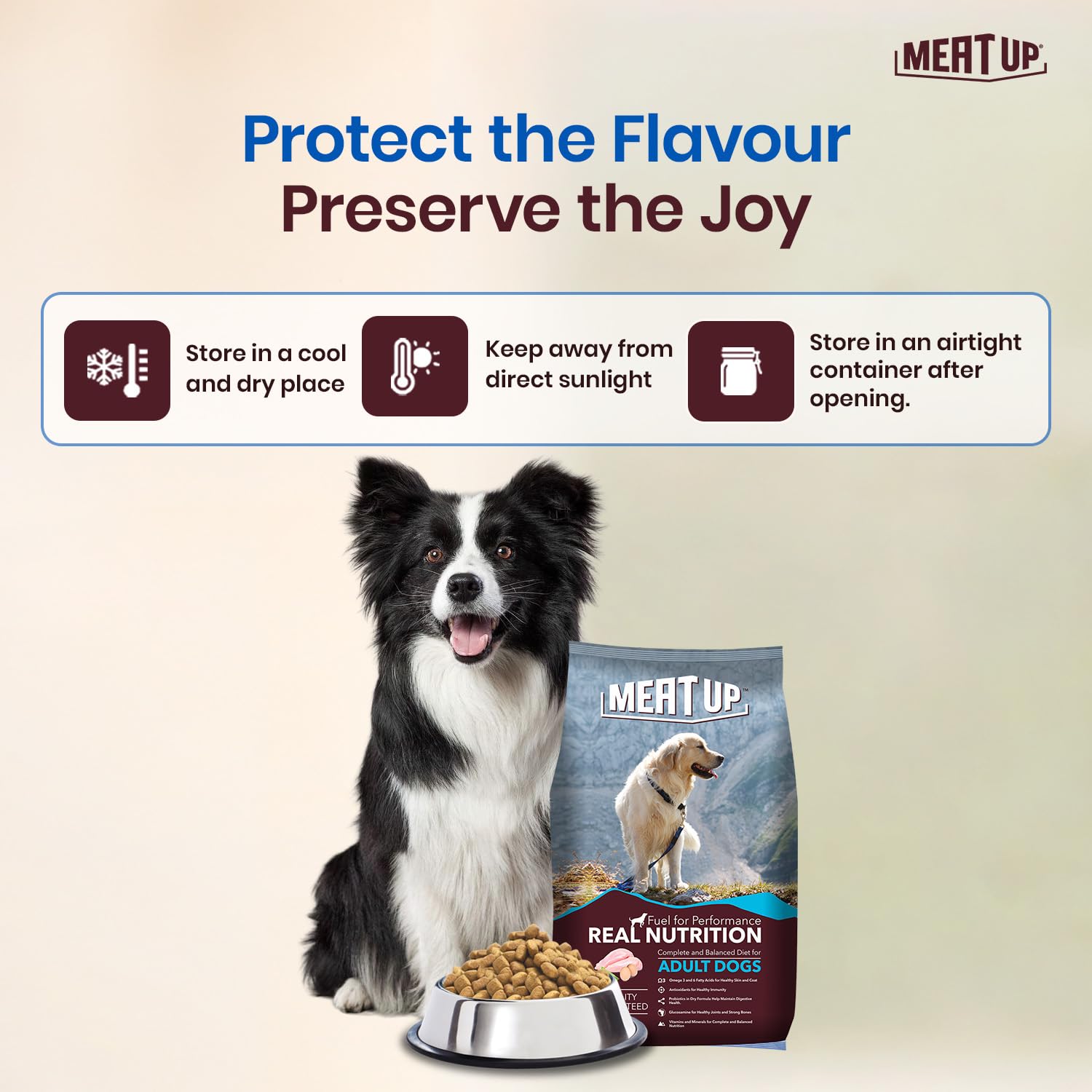 Meat Up Adult Dry Dog Food 6kg (3kg + 3kg) | Chicken Flavour | Glucosamine for Healthy Joints & Bones | Enriched with Vitamins & Minerals | Supports Digestive Health