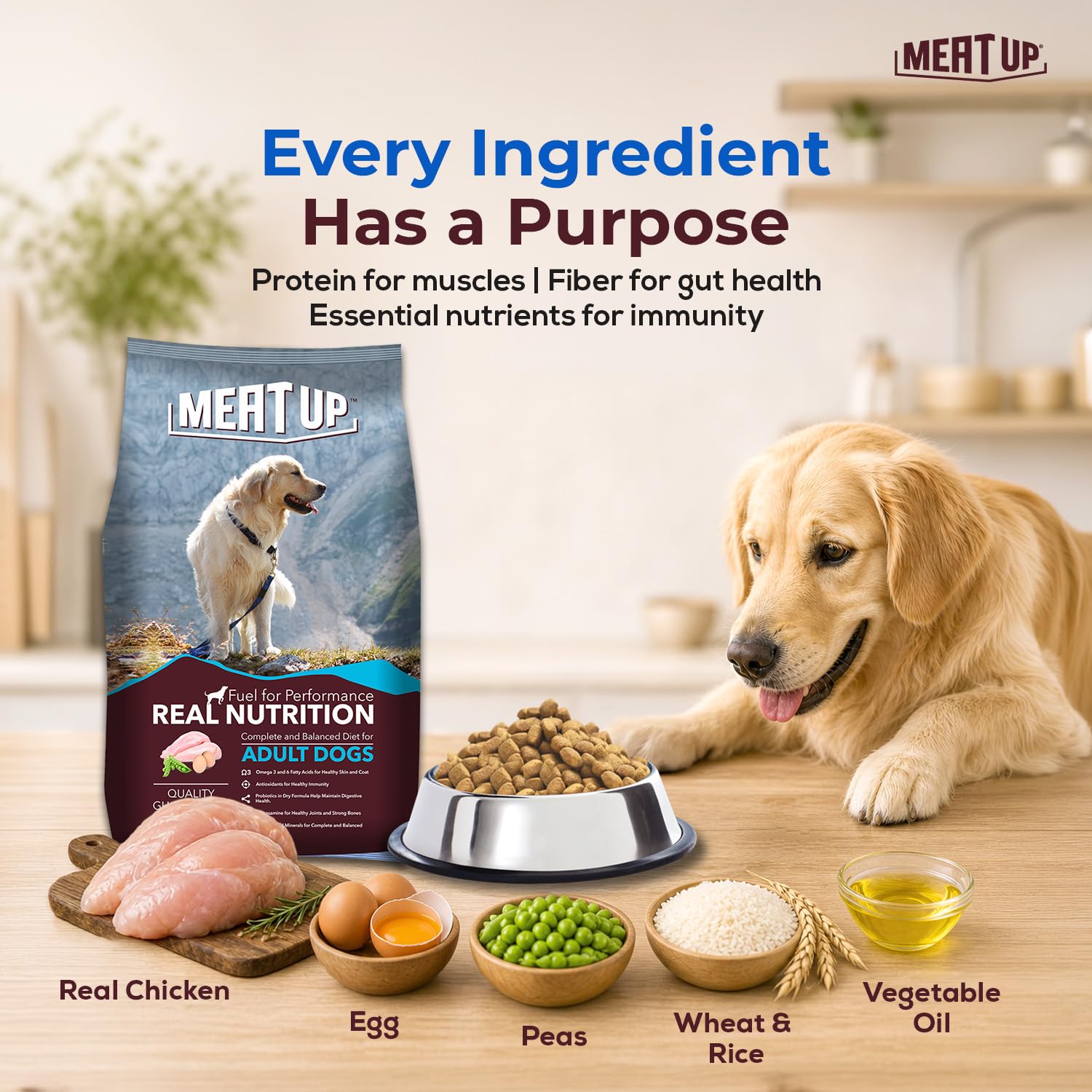 Meat Up Adult Dry Dog Food 6kg (3kg + 3kg) | Chicken Flavour | Glucosamine for Healthy Joints & Bones | Enriched with Vitamins & Minerals | Supports Digestive Health